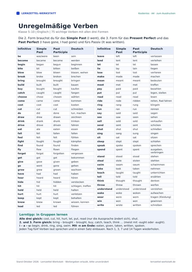 Vorschau: Liste unregelmäßiger englischer Verben