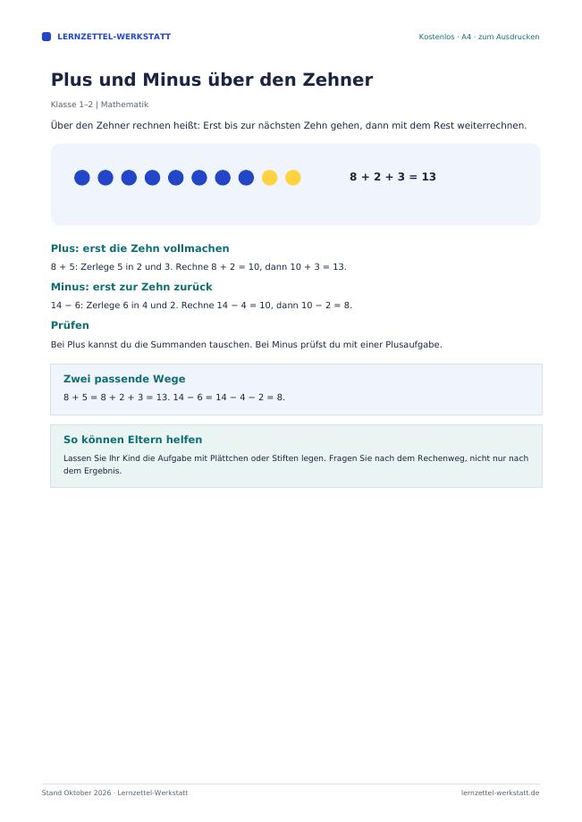 Vorschau: Plus und Minus über den Zehner